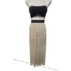 SHIMMERING elastic waist flare pleated long beige sheer skirt size L